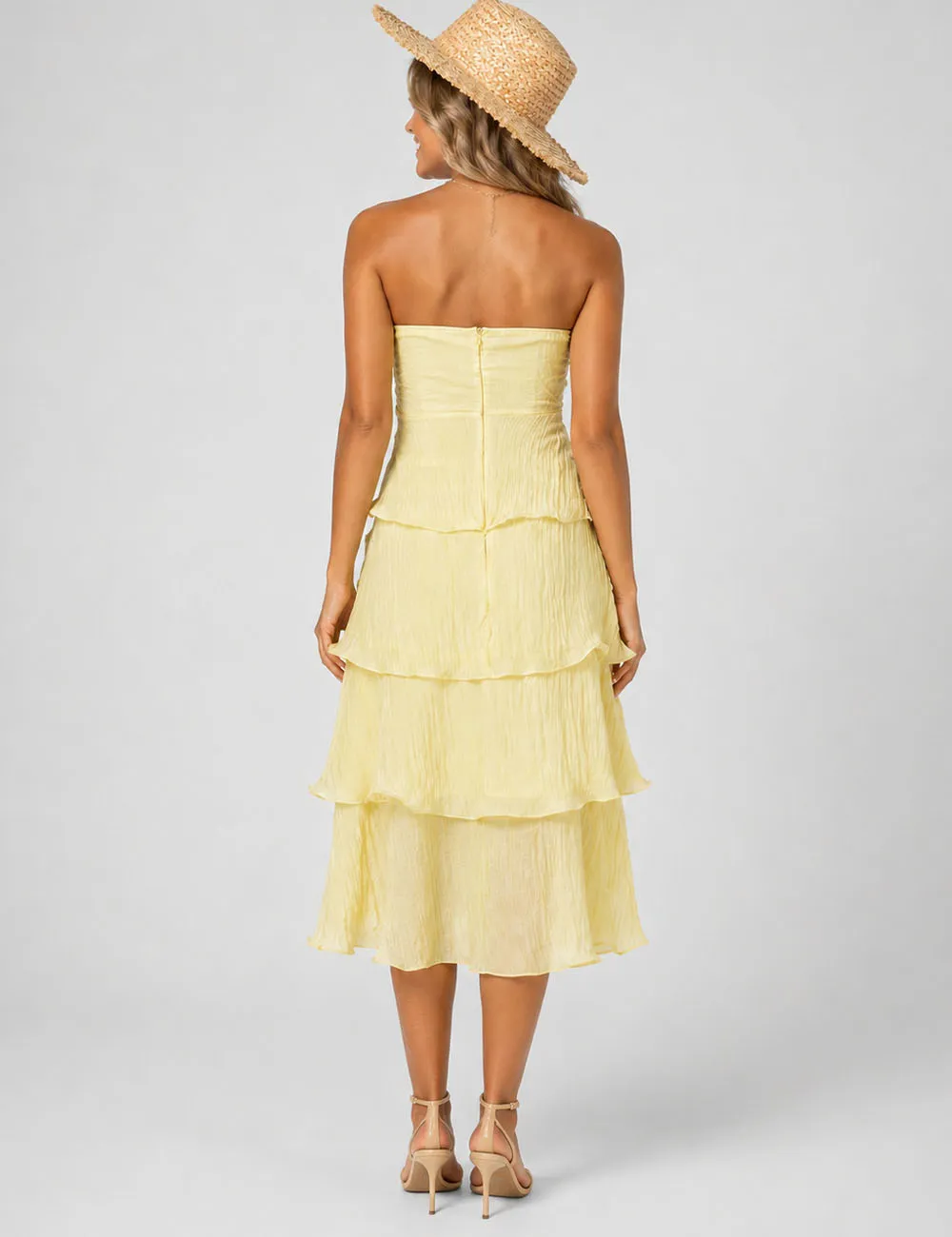 Chic Crinkle Strapless Tiered Ruffle Tube Midi Dress