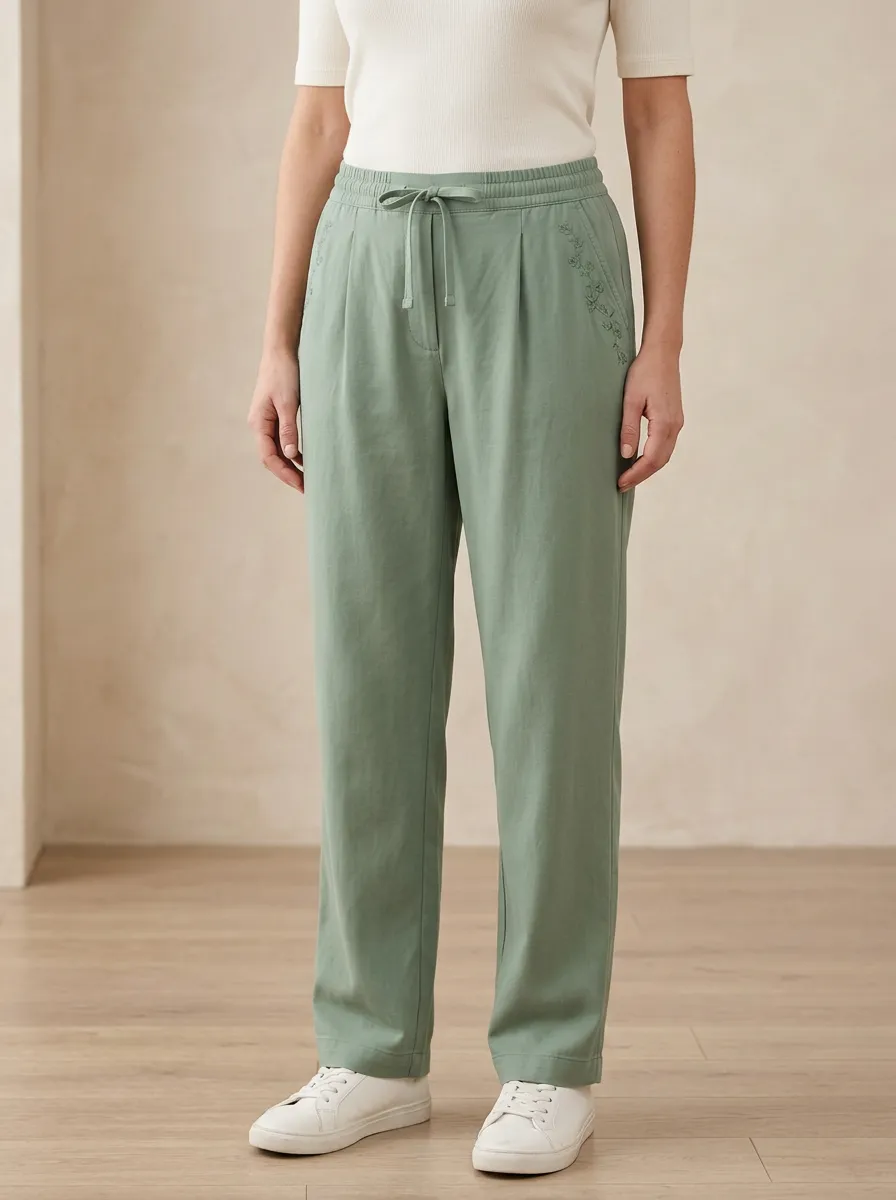 Women's Floral Embroidered Drawstring Casual Pants
