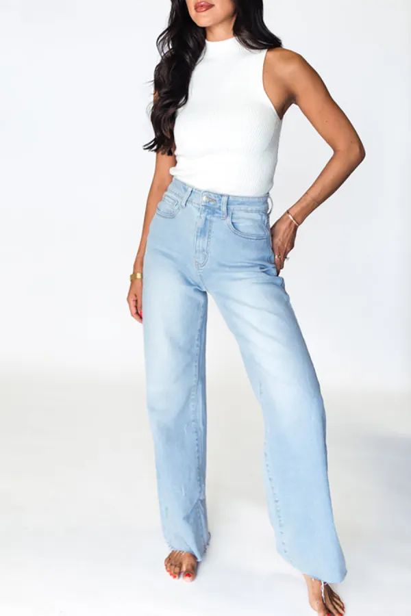 All Match Distressed Light Wash Wide Leg Jeans