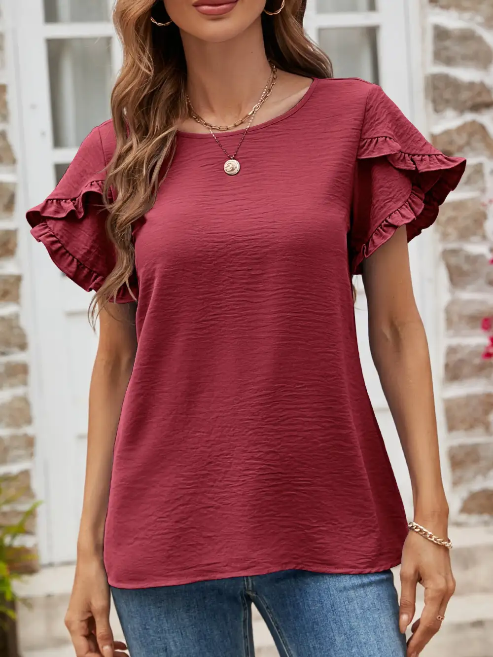 Textured Petal Sleeve Round Neck T-Shirt