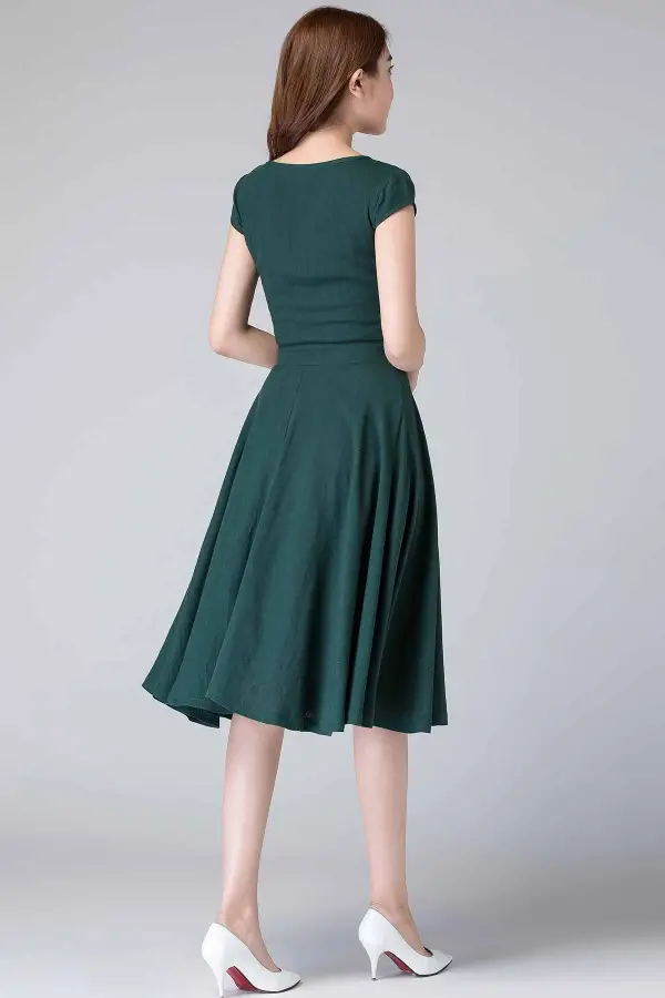 Classic Linen Cotton Fit And Flare Swing Midi Dress