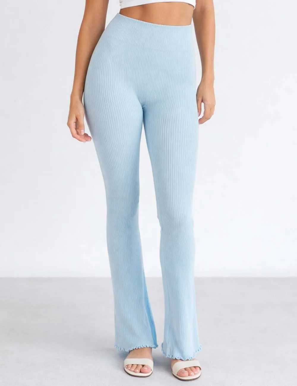 Casual Ribbed Ruffle Hem Elastic Waist Flared Leg Pants
