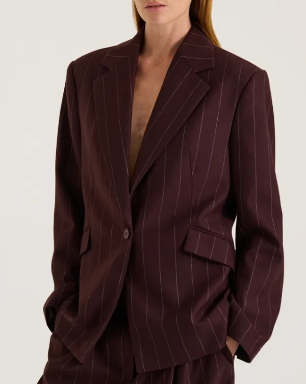 Burgundy Pinstripe Oversized Single-Breasted Blazer