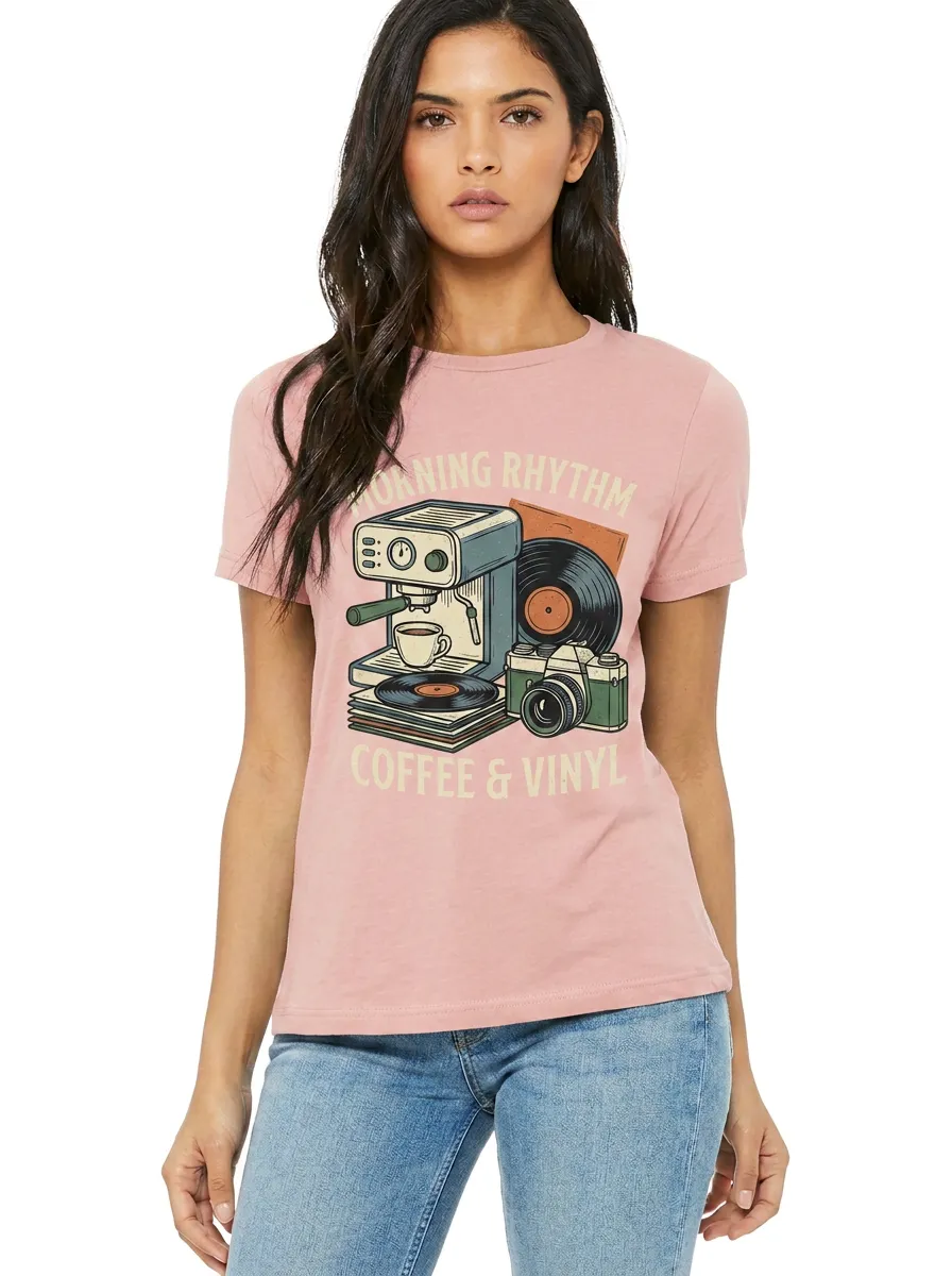 Women's Coffee Vinyl Camera Morning Rhythm Graphic T-Shirt