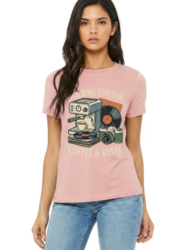 Women's Coffee Vinyl Camera Morning Rhythm Graphic T-Shirt
