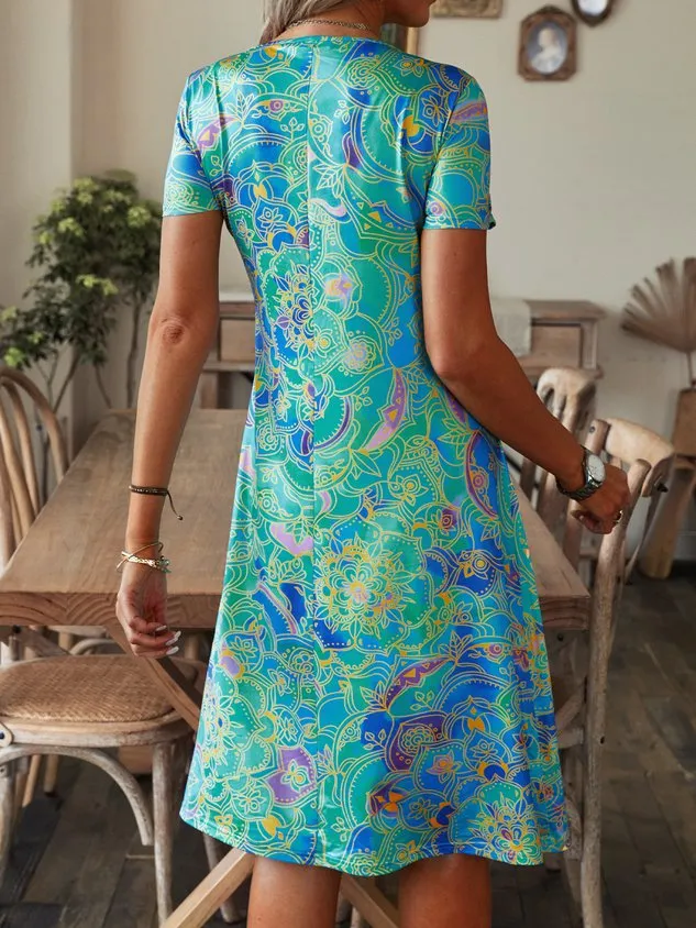 Plus size V Neck Casual Short Sleeve Printed Dress