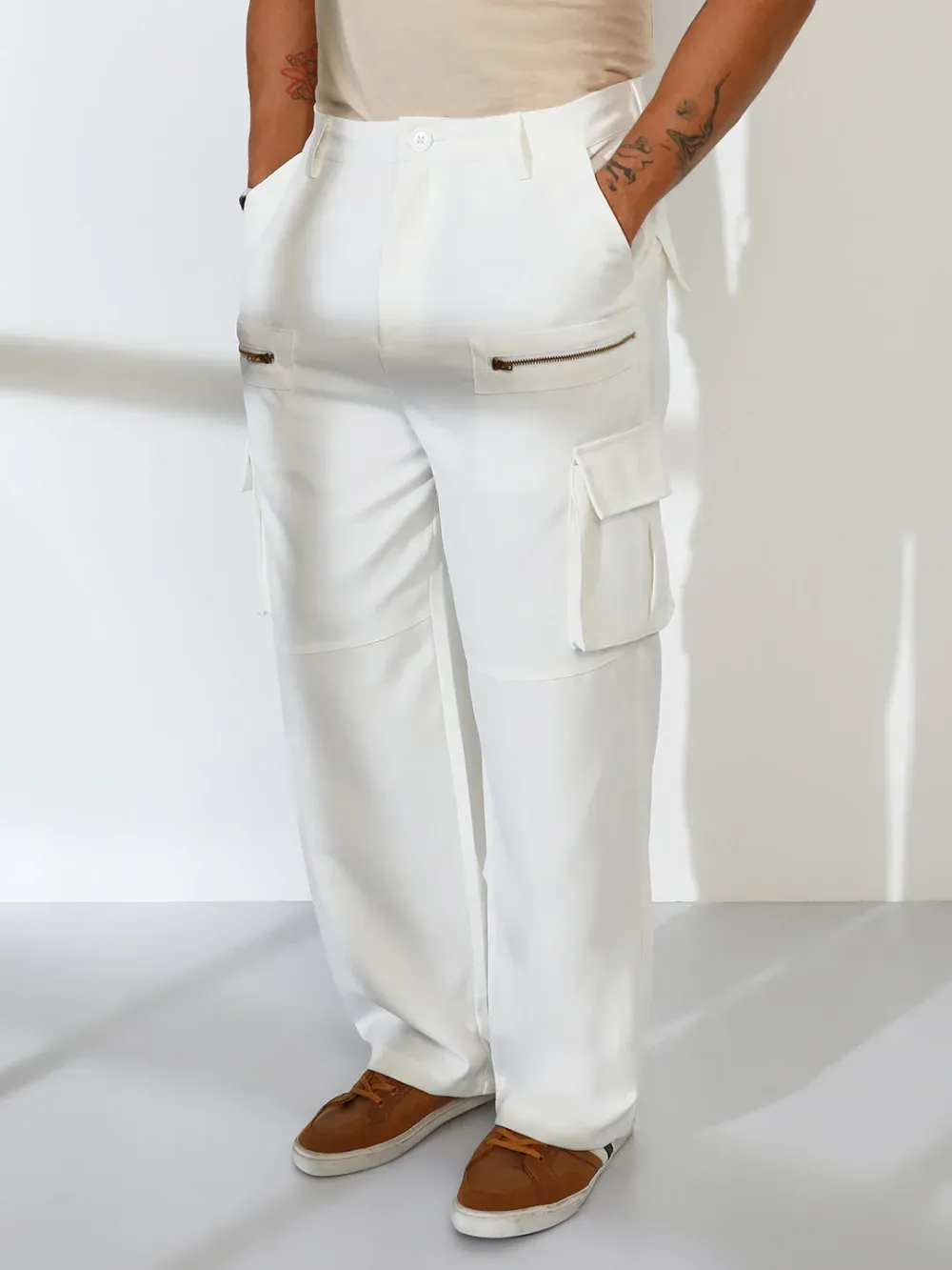 White Mid-Rise Straight-Fit Utility Trousers