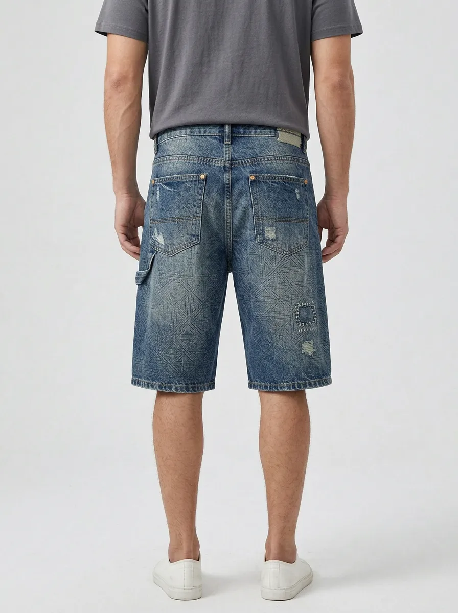 Men's Geometric Distressed Distressed Denim Shorts