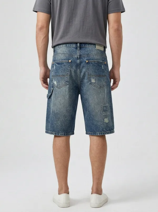 Men's Geometric Distressed Distressed Denim Shorts