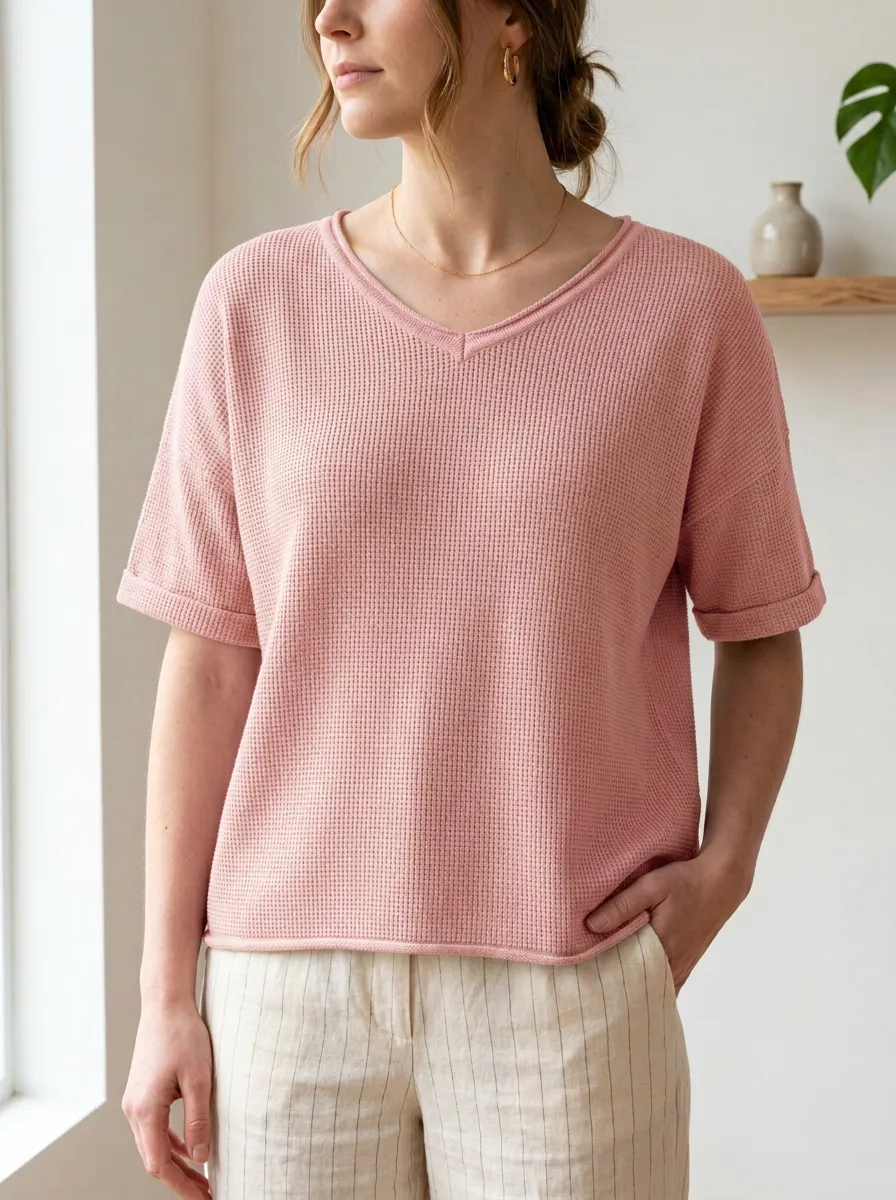 Women's Relaxed Classic-Look Waffle Knit T-Shirt