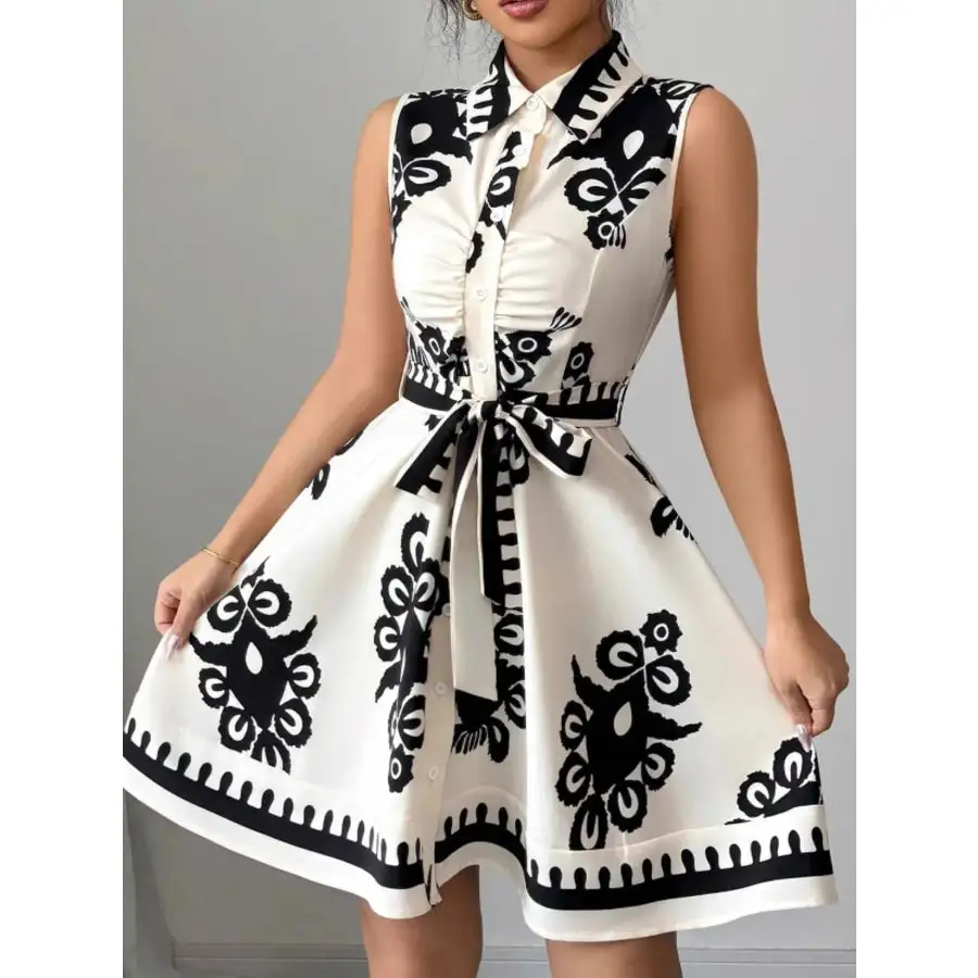 Printed Sleeveless Tie Waist Mini Dress