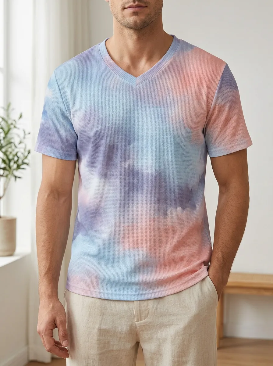 Men's Modern Pastel Tie-Dye Waffle Knit V-Neck T-Shirt