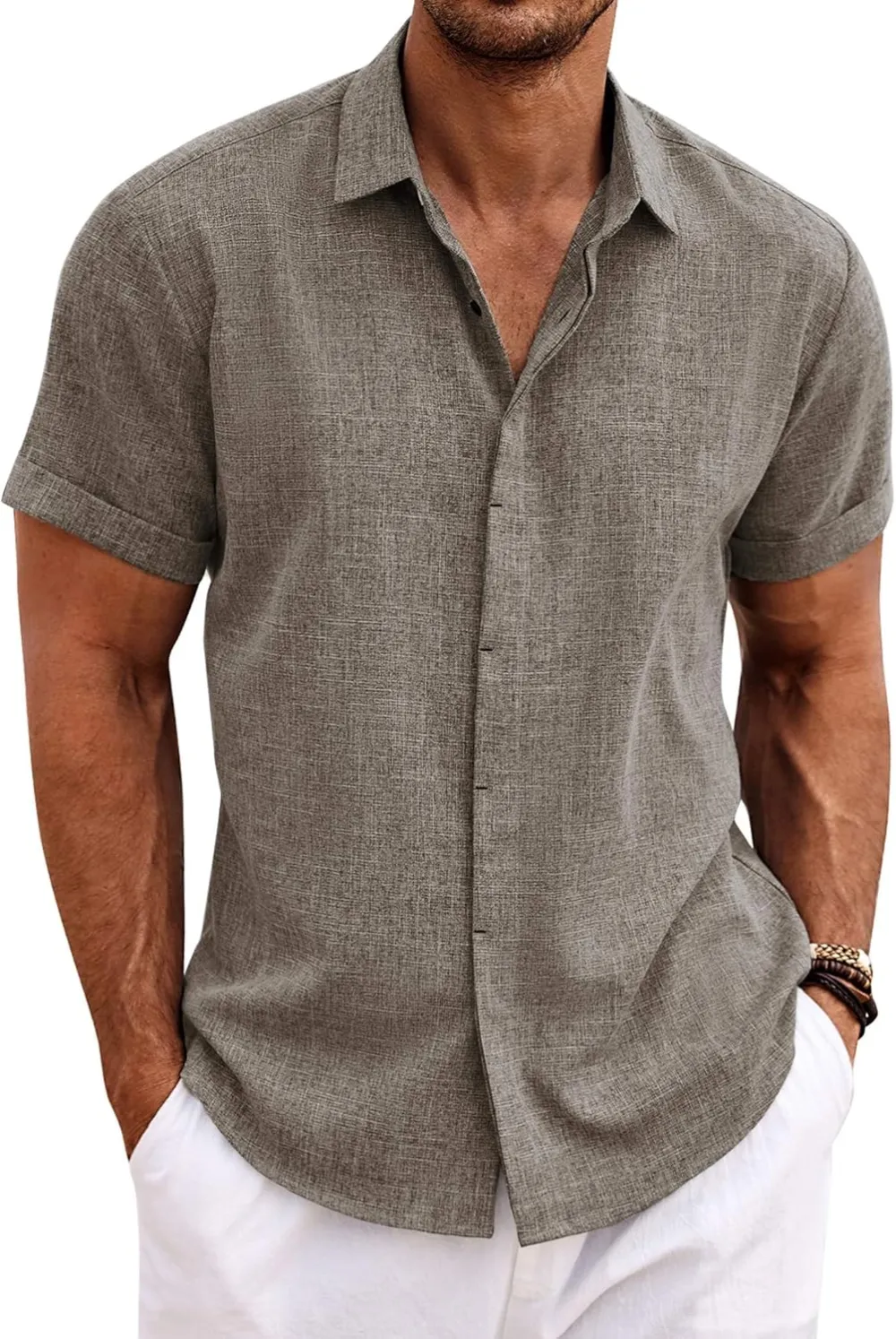 Men's Linen Shirts Short Sleeve Casual Shirts Button Down Shirt for Men Beach Summer Wedding Shirt