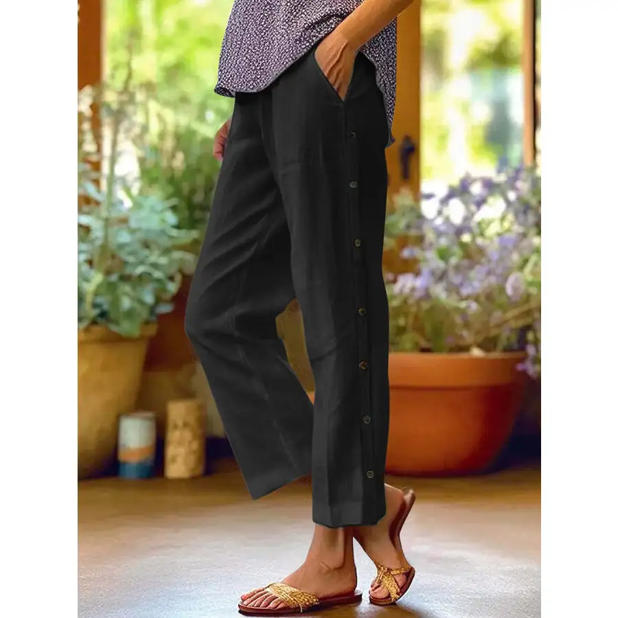 Full Size Side Decor Button Casual Wide Leg Pants Plus Size