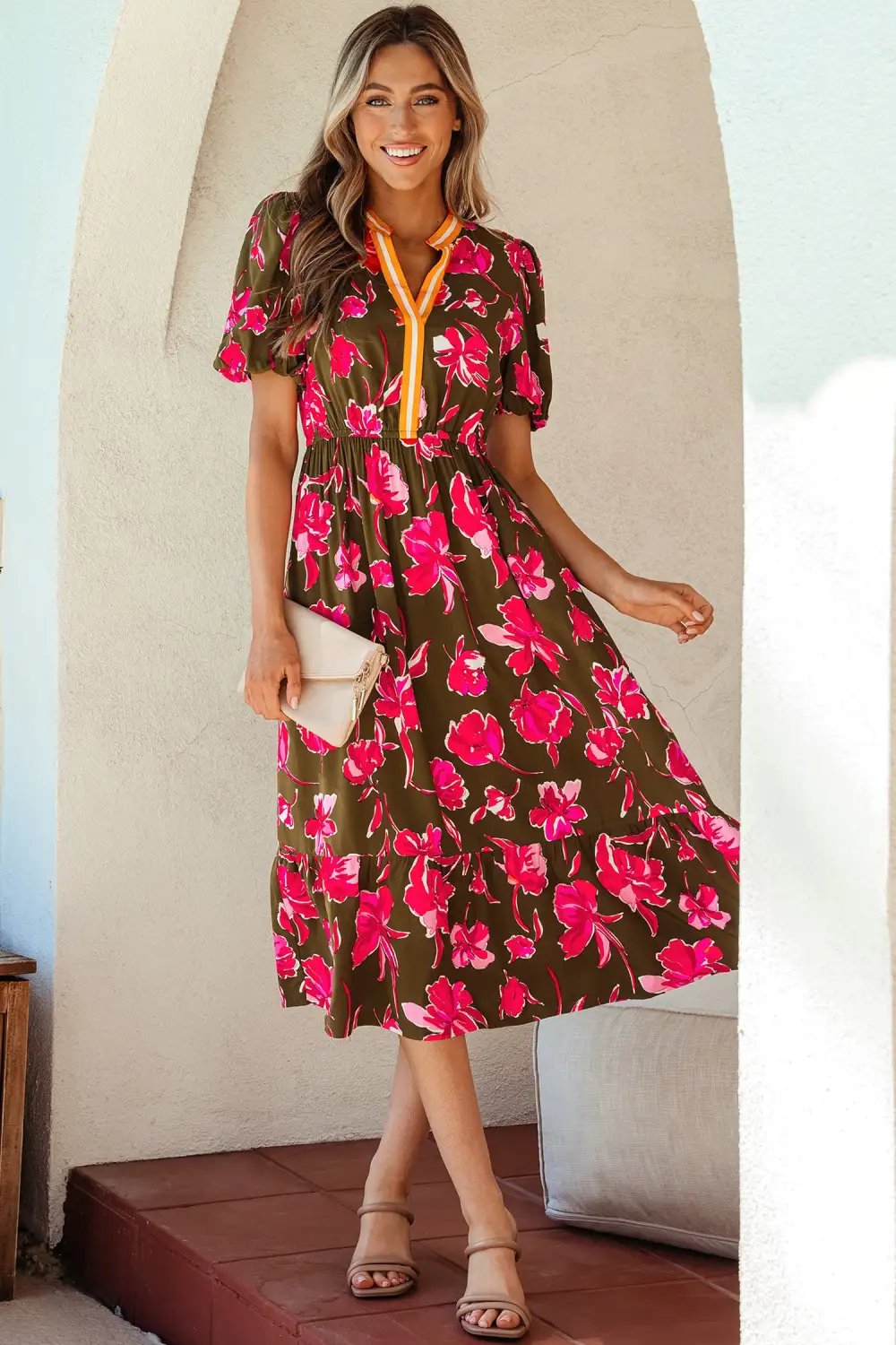 Floral Striped Split Neck Maxi Dress