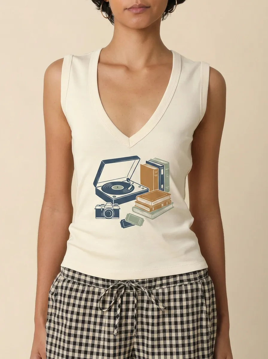 Women's Retro Hobbyist Record Player Camera Books Printed Tank Top