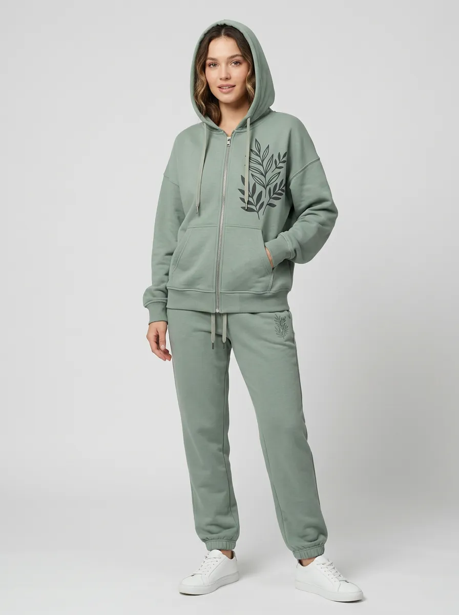 Women's Sage Green Tapered Joggers Drawstring Joggers Zip-Up Hoodie Jacket & Jogger Set