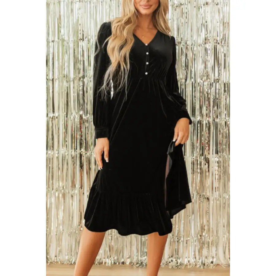 Ruffle Hem Slit V Neck Long Sleeve Dress