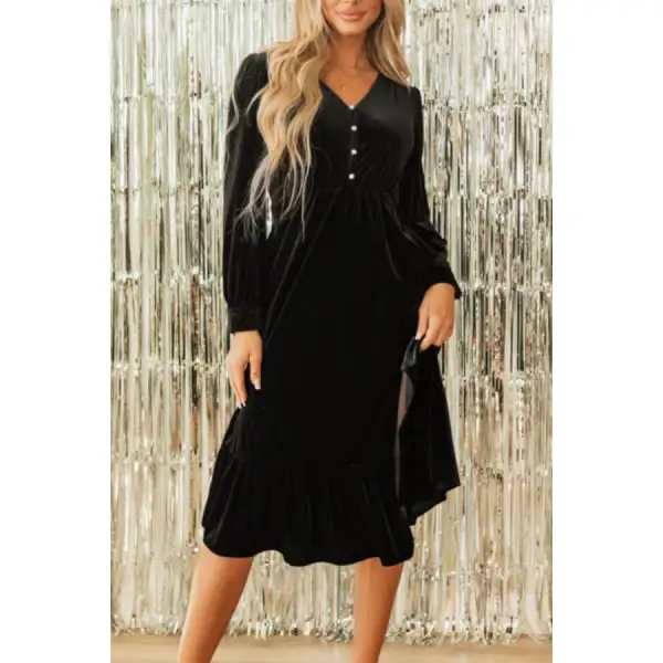 Ruffle Hem Slit V Neck Long Sleeve Dress