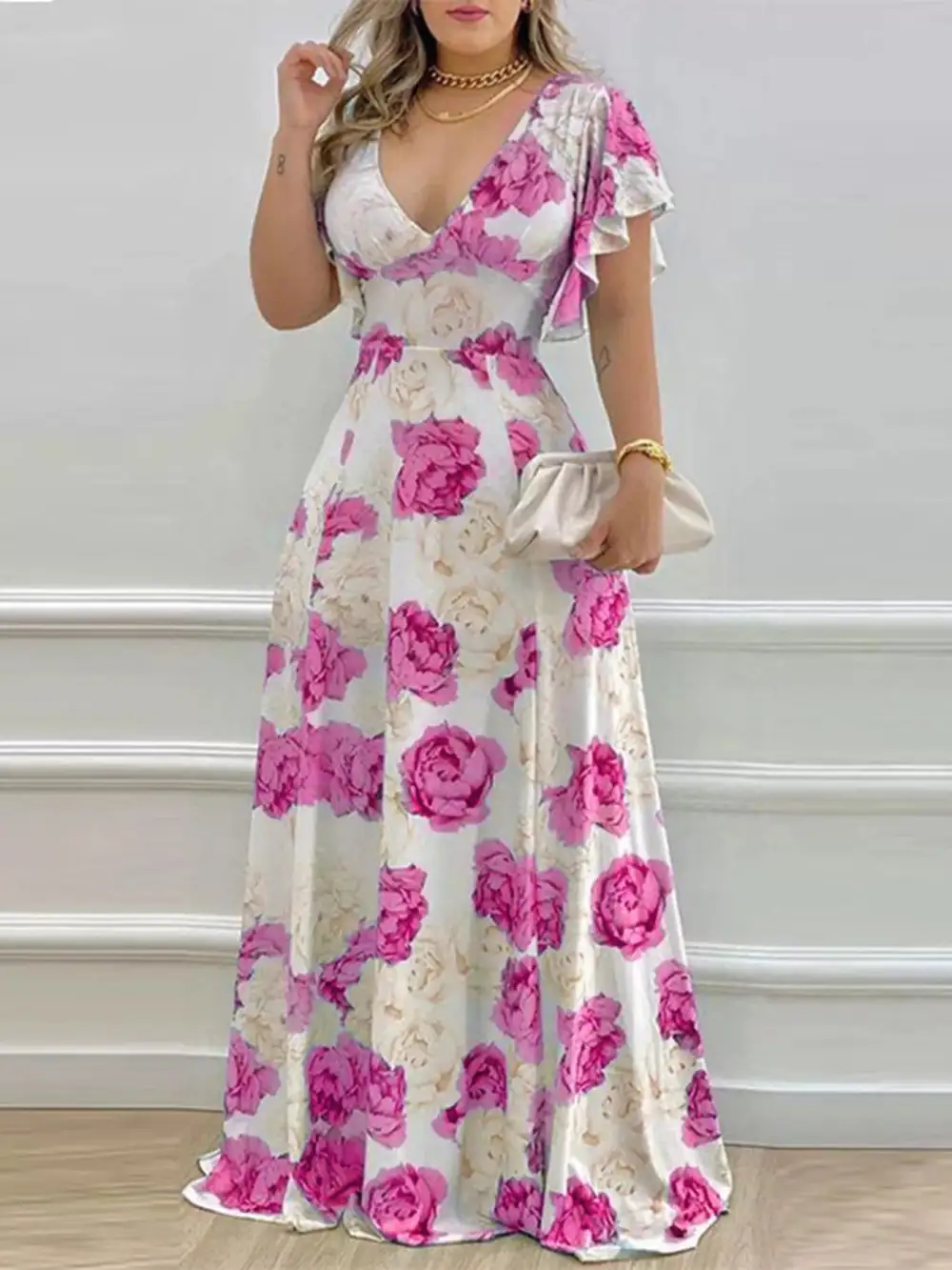 Floral Printed V Neck Maxi Dress
