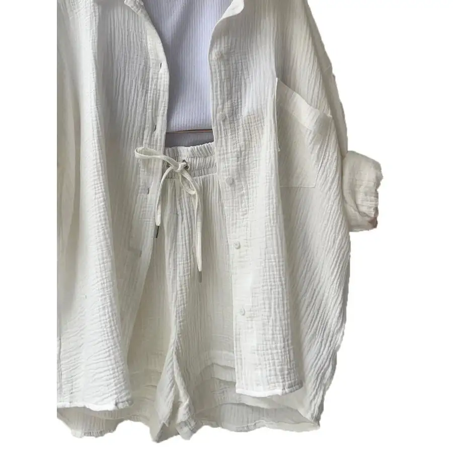 Relaxed Textured Button Up Shirt and Shorts Set