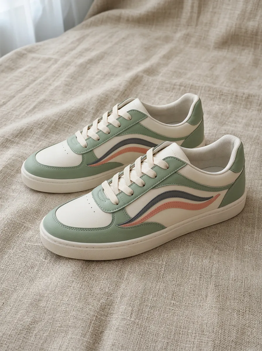 Women's Sage Green Pastel Wave Printed Casual Sneakers