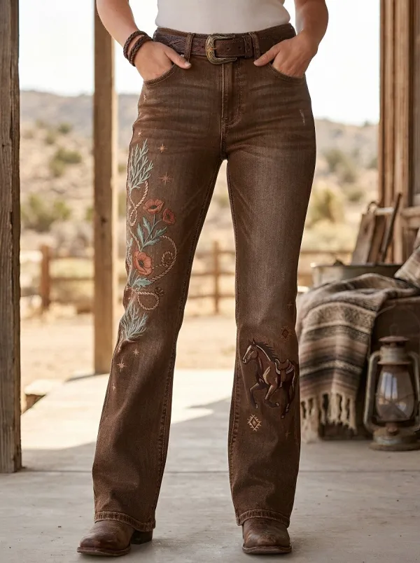 Women's Western Cowgirl Horse Floral Embroidery Floral Embroidered Jeans
