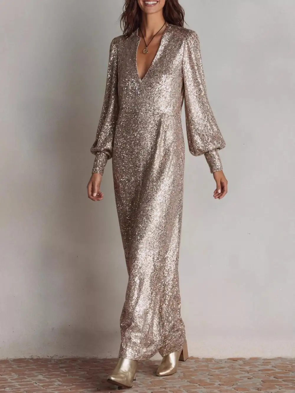 Sequin Lantern Sleeve Maxi Dress