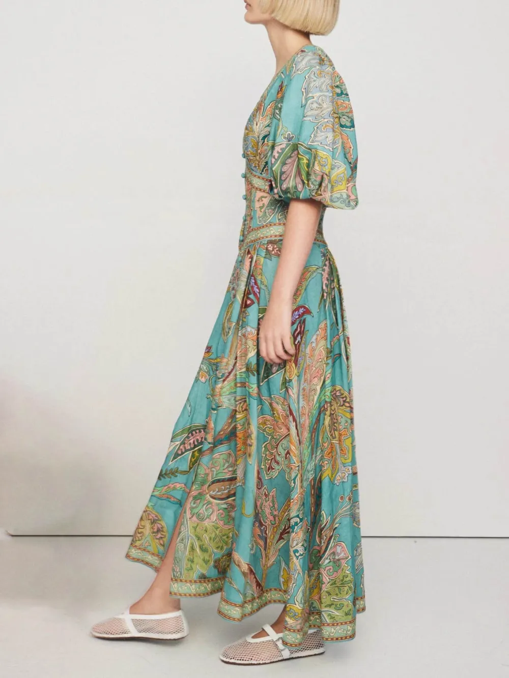 Satin Vintage Floral Print Puff Sleeve Midi Dress