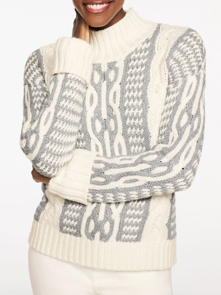 Women'S Fashionable Artistic Double Color Cable Knit High-Neck Sweater