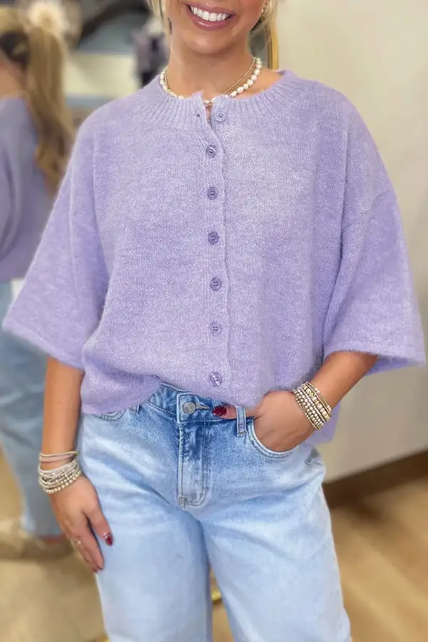 Three Quarter Sleeve Boxy Knit Button Front Textured Layer Cardigan