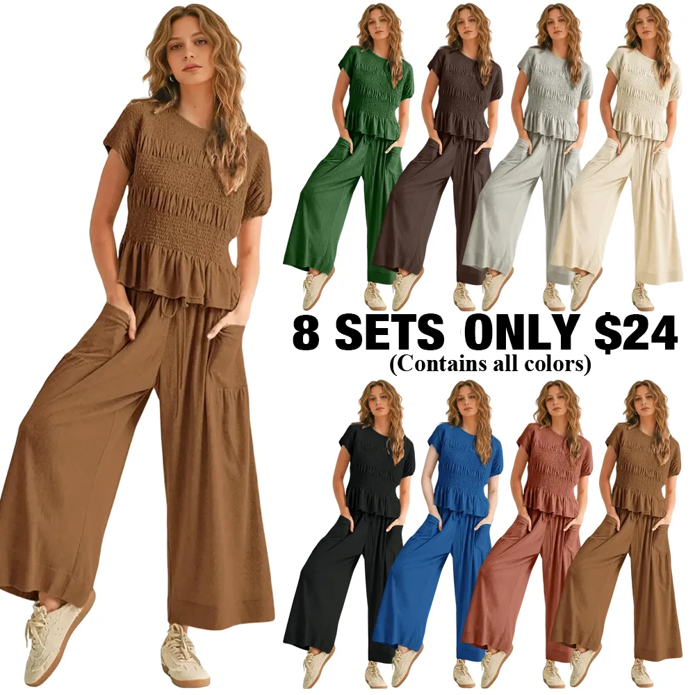 Women's Boho Chic Pleated Top & Wide-Leg Set