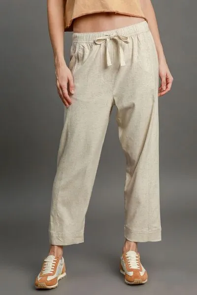 Full Size Drawstring Elastic Waistband Linen Blend Pant