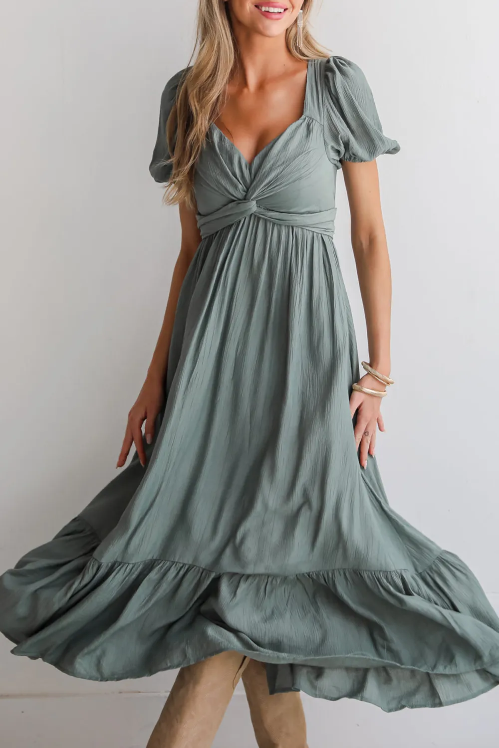 Unlined Sleeves Sage Midi Dress