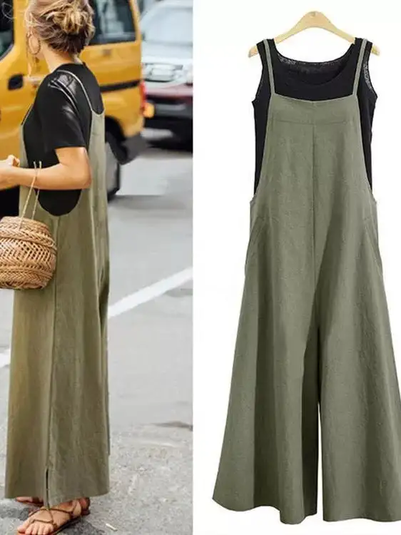 Women Casual Pure Color Loose Linen Tank Jumpsuit