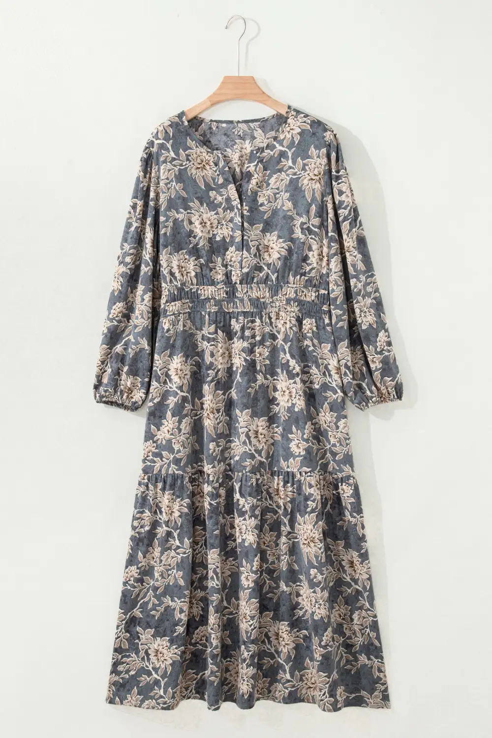 Layered Detail Floral Printed Split Neck Maxi Dress