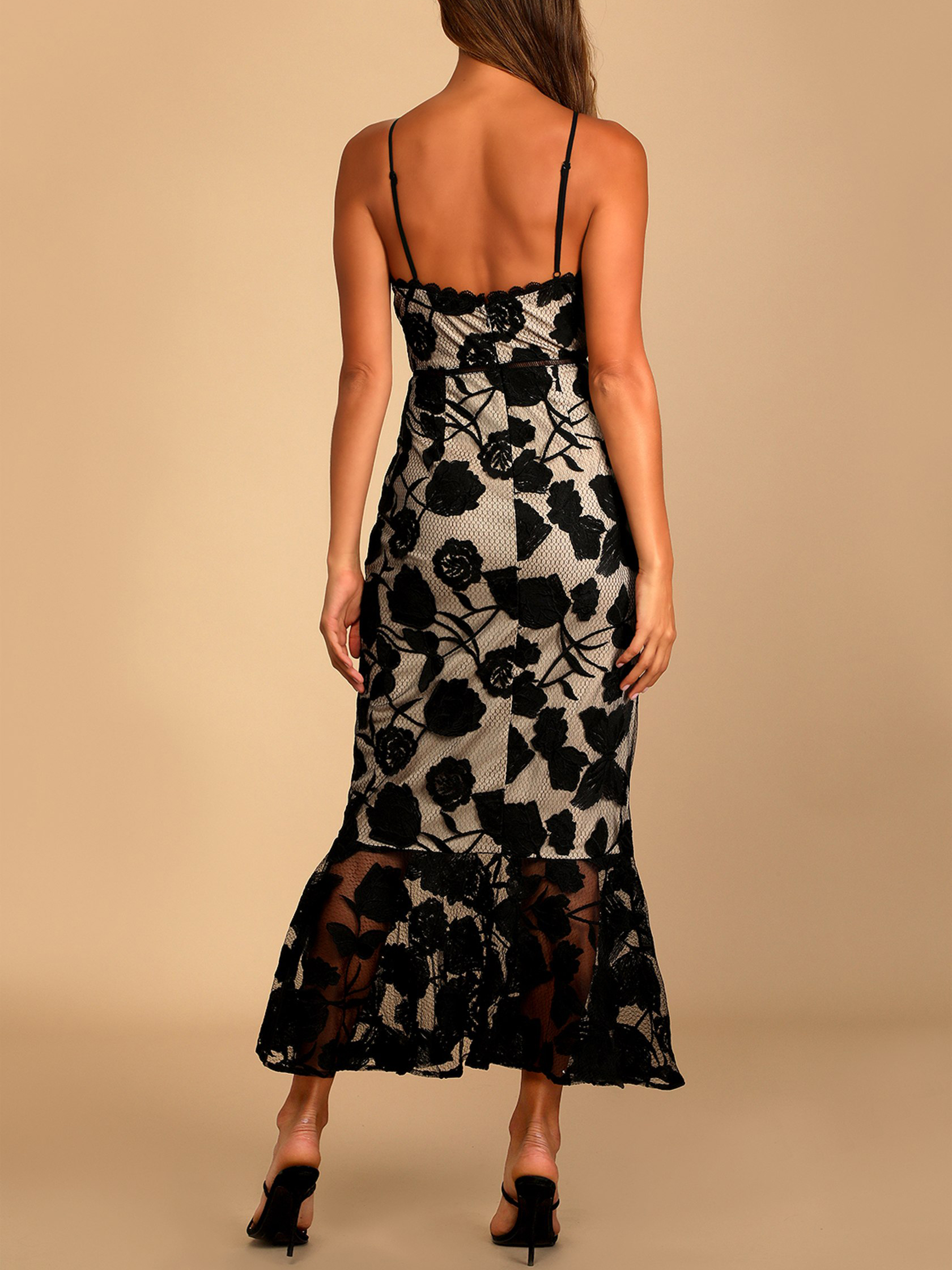 Navy Blue Floral Mesh Lace Trumpet Midi Dress