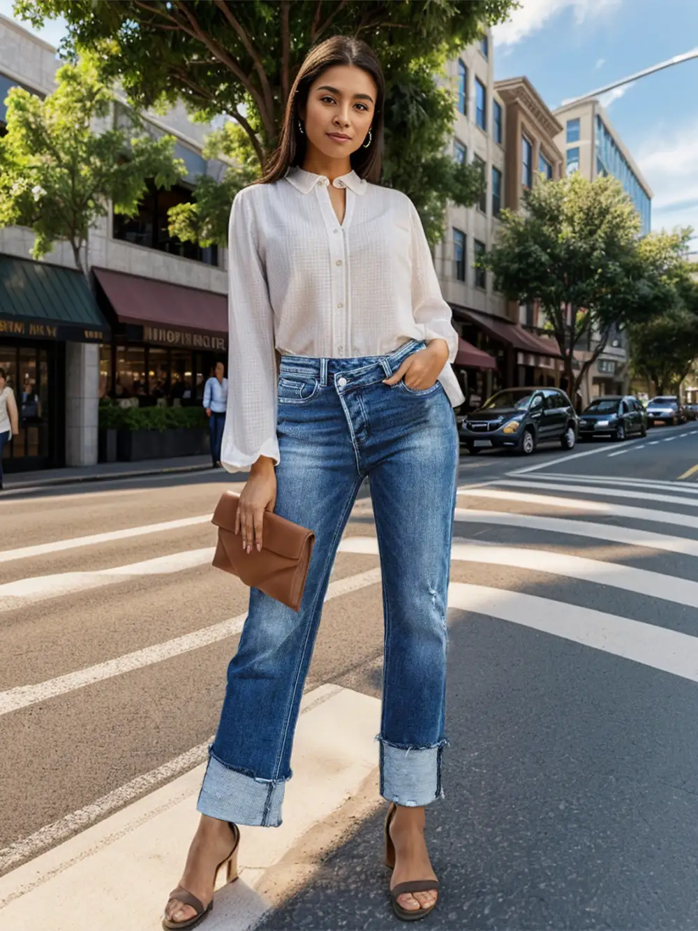Textured Straight Leg Raw Hem Denim Jeans
