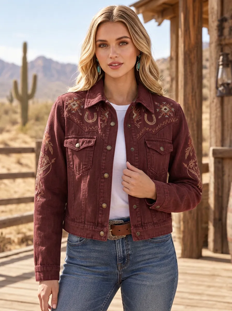 Women's Classic Western Cowboy Horseshoe Horse Floral Embroidery Floral Jacket