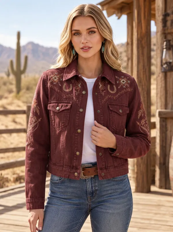 Women's Classic Western Cowboy Horseshoe Horse Floral Embroidery Floral Jacket