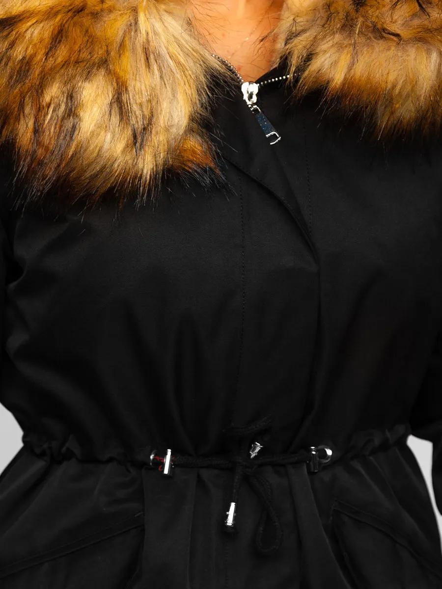 Black women's winter parka jacket with hood
