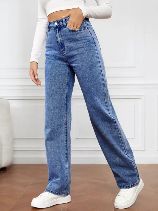 High Waist Straight Leg Washed Denim Jeans