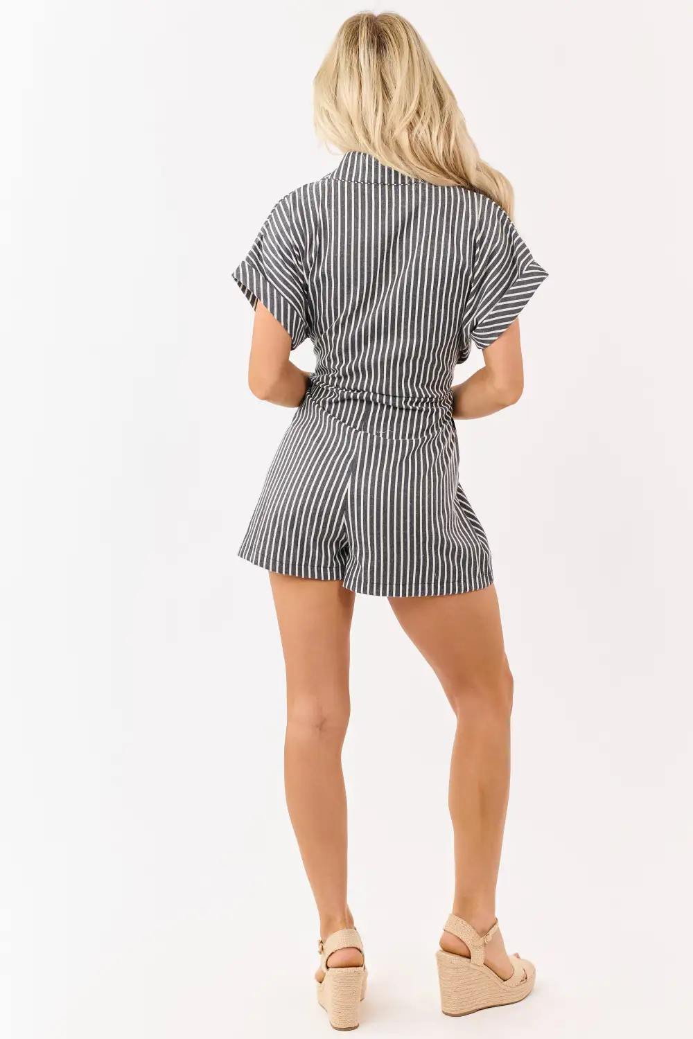 And Pearl Striped Button Down Romper