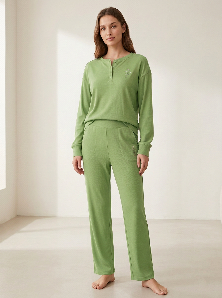 Women's Floral-Embroidered Henley Straight-Leg Lounge Set