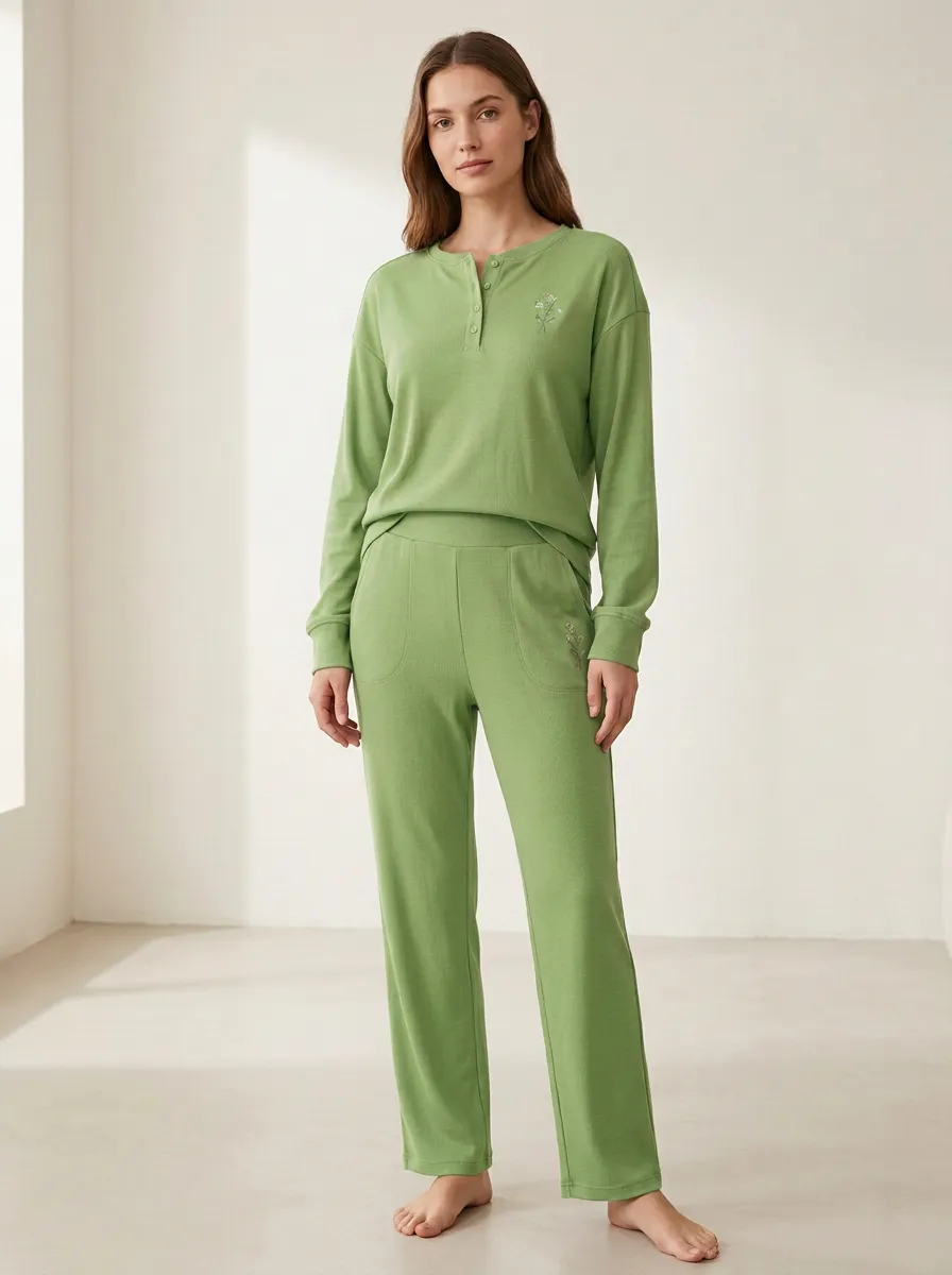 Women's Floral-Embroidered Henley Straight-Leg Lounge Set
