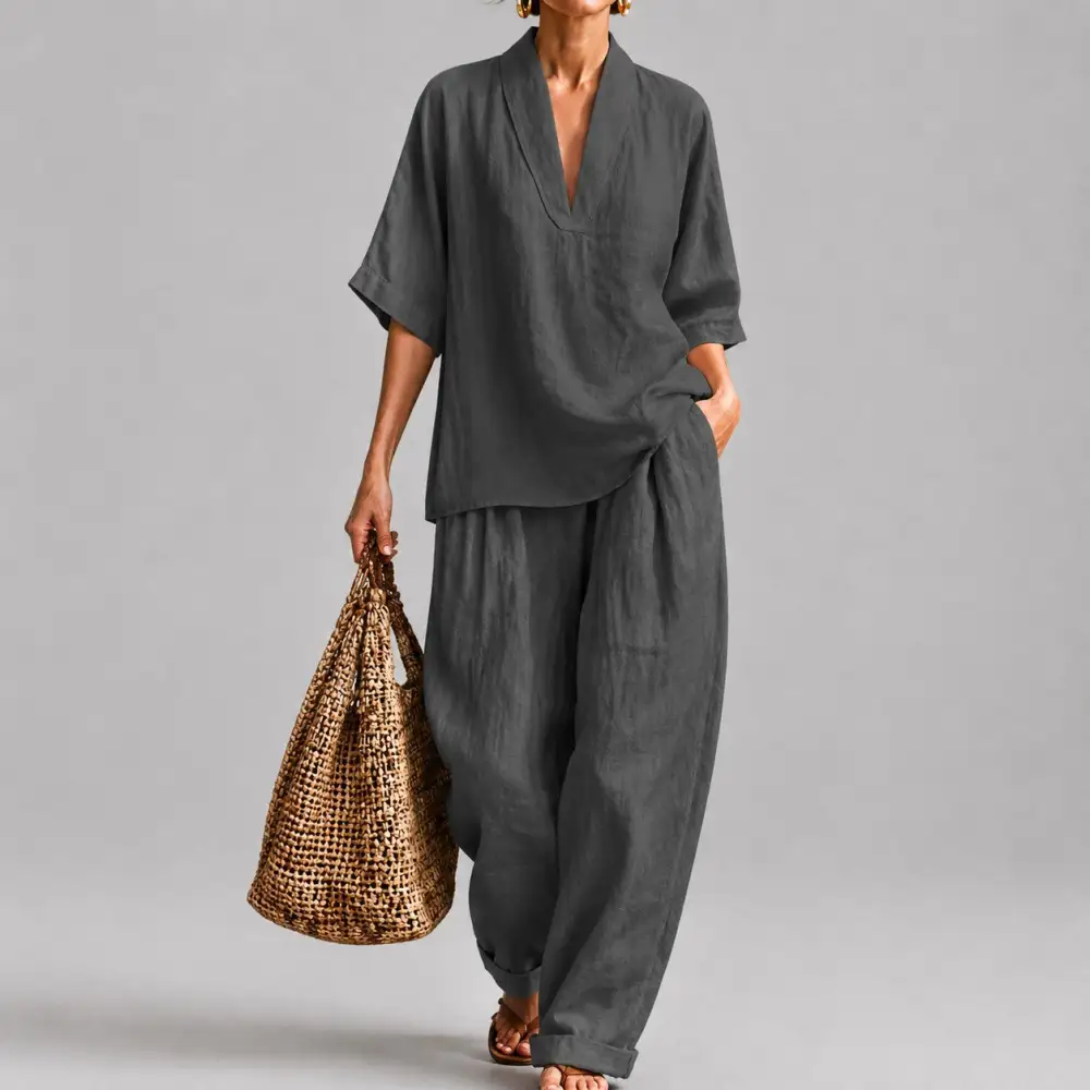 Women's Loose V-Neck Two Piece Lounge Set