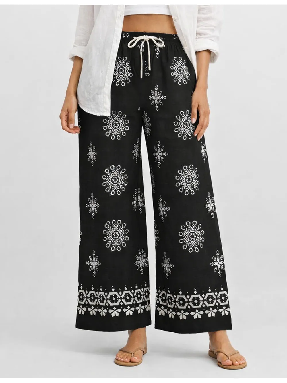 Boho Elastic Waist Lace Up Wide Leg Pants