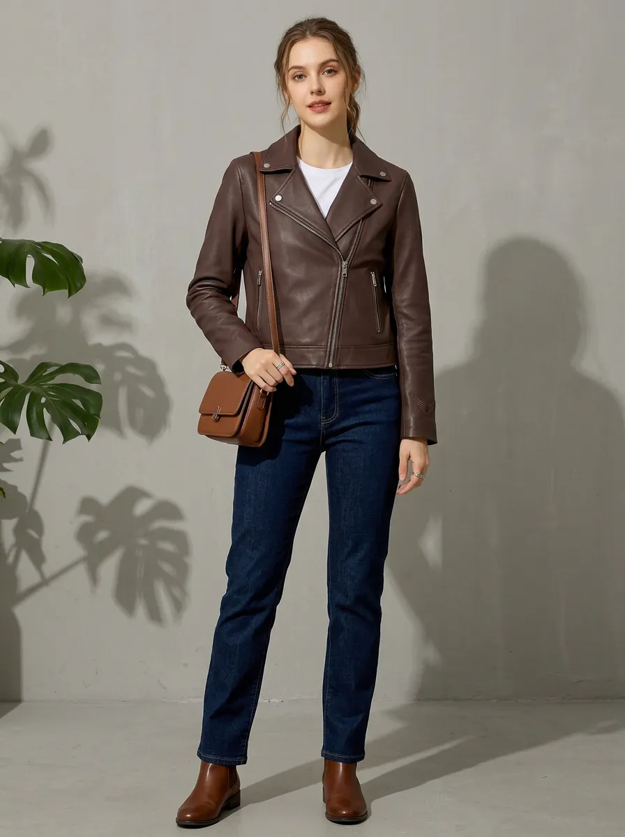 Women's Brown Faux Leather Biker Notched-Lapel Jacket