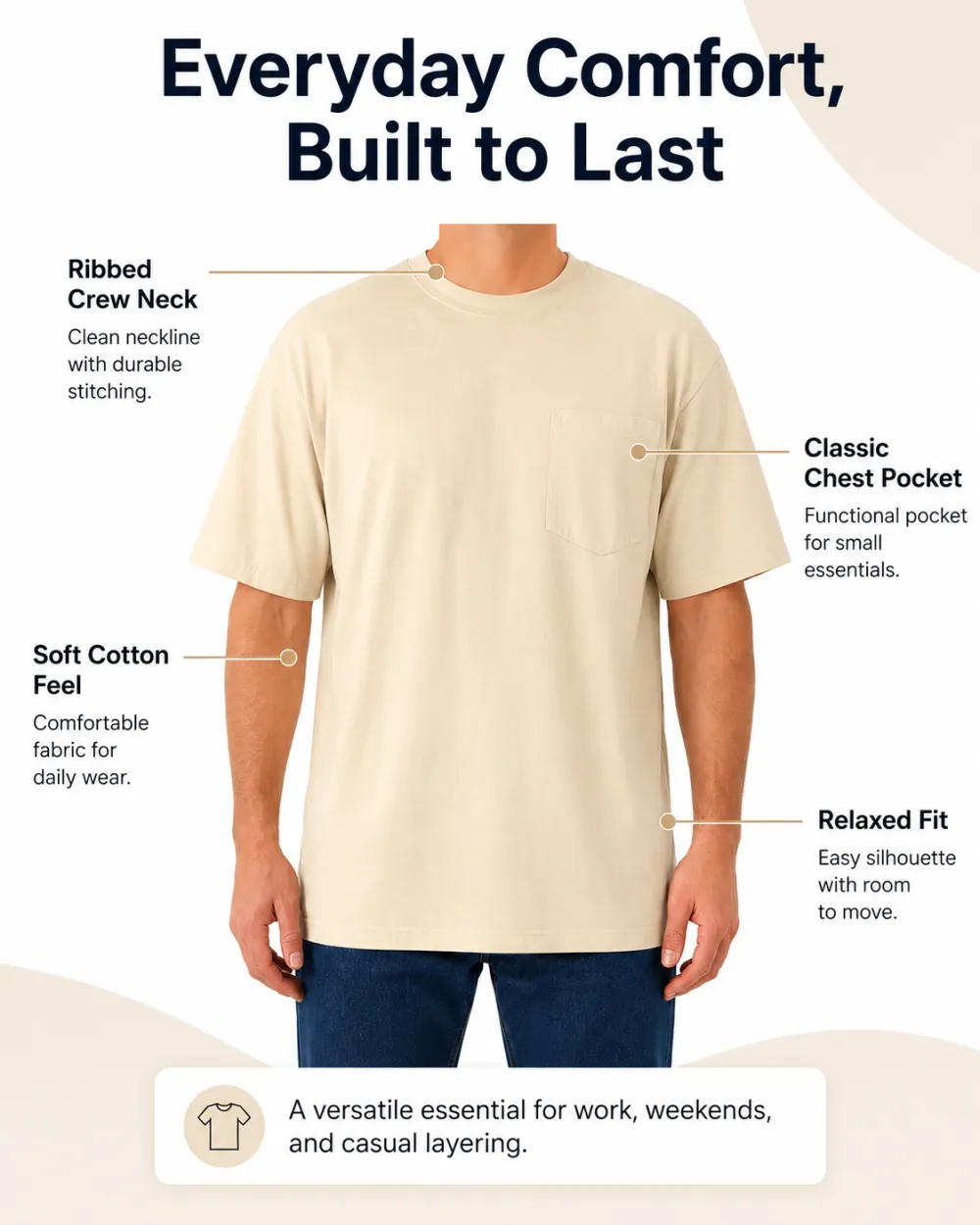Men's Soft Cotton Pocket Crew Neck T-Shirt
