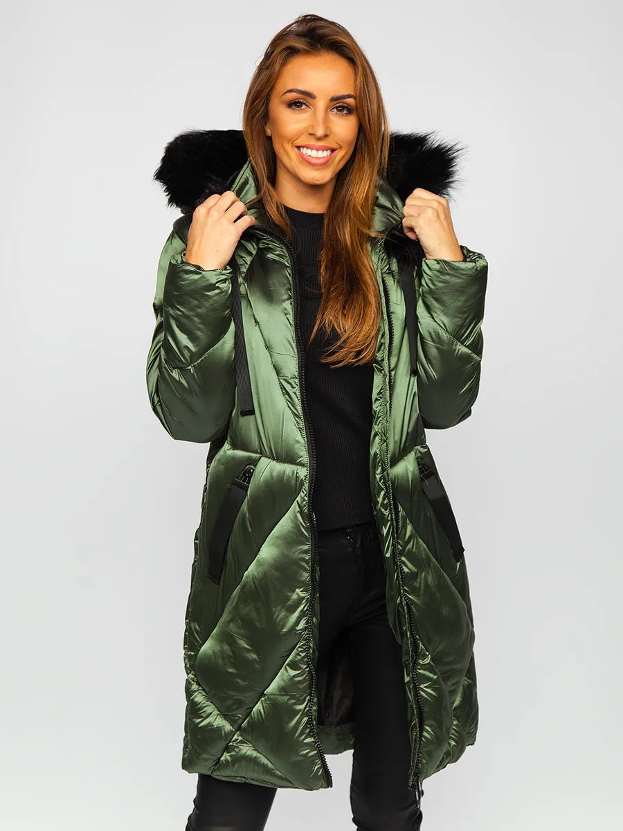 women's green quilted winter jacket with hood